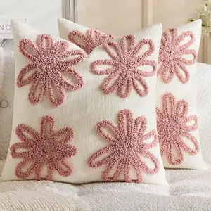 French Cream Style Hooked Flower Pillows Set of 2, Vintage Bohemian Sofa Cushions, Bedroom Soft Decorative Floral Pillow Covers