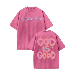 Menswear Oversized 230gsm Heavyweight Washed 100% Cotton Shortleeve Graphic Tee - Unisex Round Crewneck, God Is Good Double-Sided Print, Retro Vintage Streetwear, Baggy Loose Fit, Tropical Casual Top