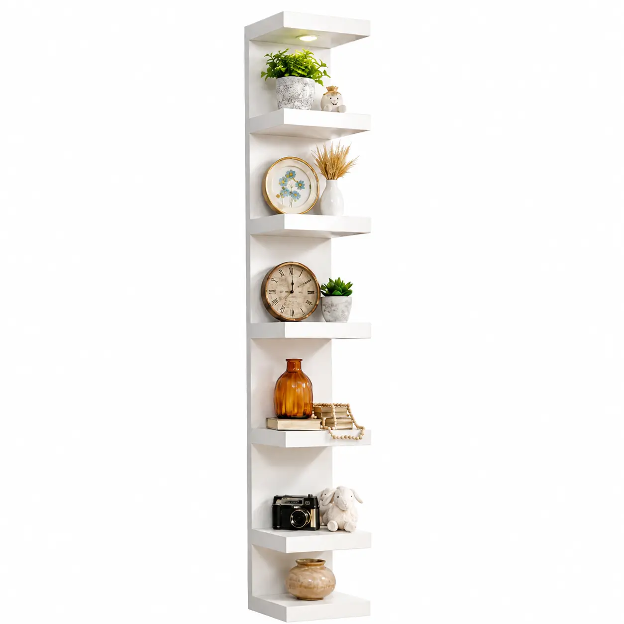 7-Tier Floating Wall Shelf with LED Lights, Wall Mounted Display Shelves, Remote Control, Modern White Bookshelf for Living Room, Bedroom & Office Decor Decorative Installation Kit Photo Wood