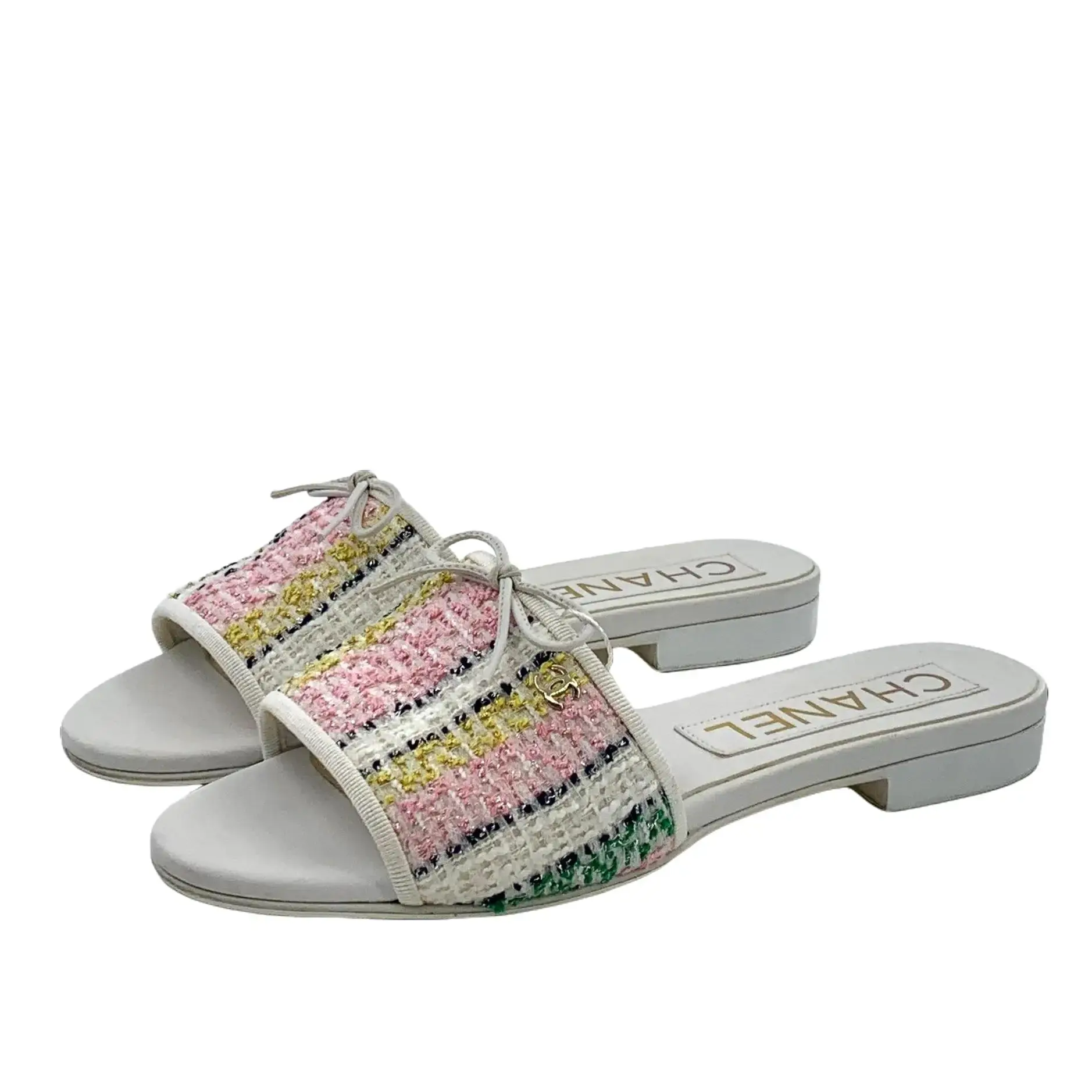 RDLT-Chanel Size 36.5 White Tweed Flat Slides With Lace-Up Bow Detail-H36881