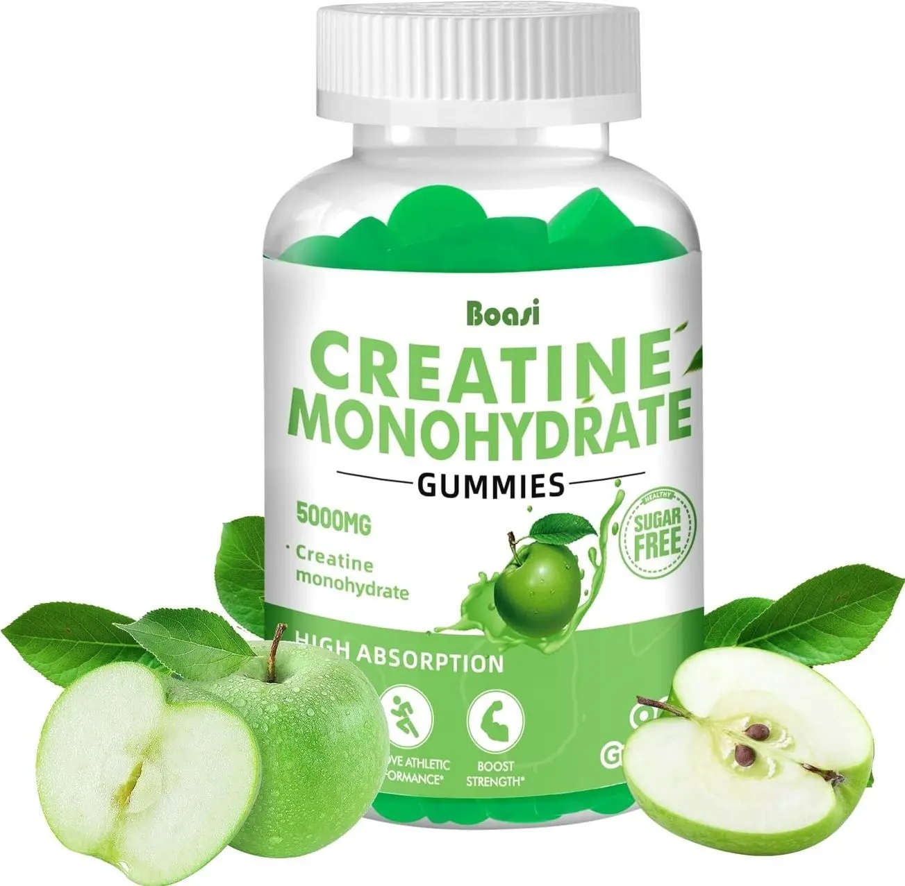 Creatine Monohydrate Gummies 5g,Sugar Free Pre Workout Gummies for Women&Men,Creatine Supplement Chews for Muscle Strength,Muscle Builder,Energy Boost,Green Apple