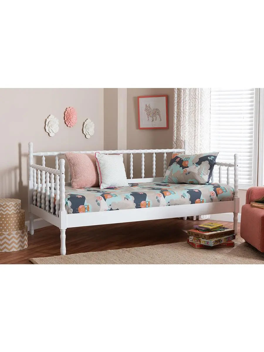 212 MAIN Laurent Twin Size Bed Daybed - Twin Bed Frame, Rubberwood Spindle Platform Frame with Bamboo-Inspired Rounded Turned Posts & Legs, Cottage Style Country Rustic Farmhouse Furniture, White, Max 74x39", Bamboo-Inspired Beds