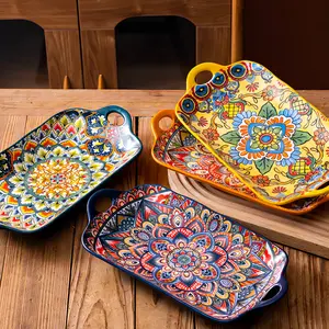 4 Piece Ceramic Dinner Plates, 12-inch Porcelain Salad Plates With Handles, Bohemian Style Dinnerware Plates Set for Pasta, Salad and Steak, Microwave, Oven & Dishwasher Safe