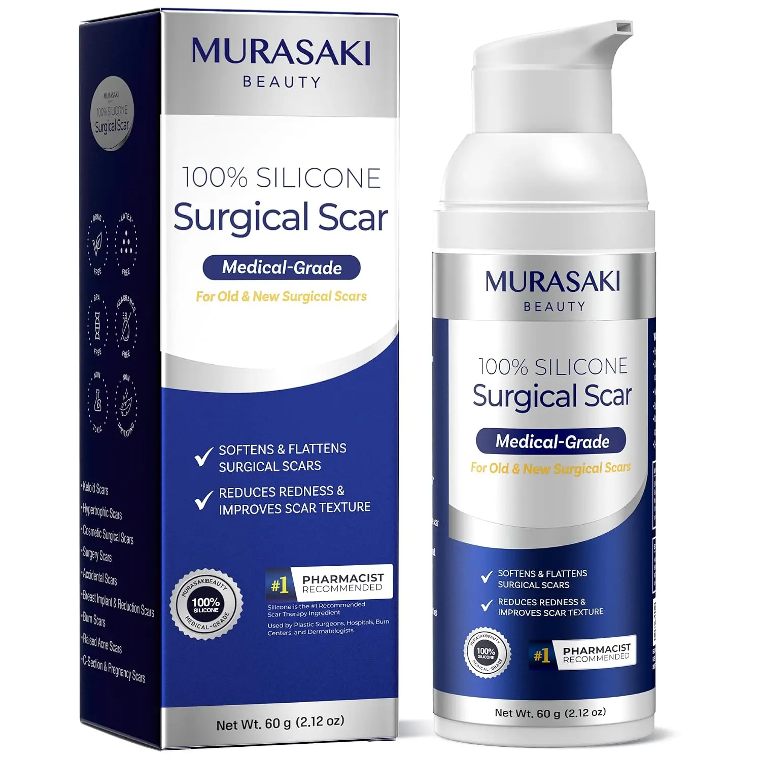 Murasaki Beauty 100% Silicone Scar Gel for Surgical Scars - Maximum Strength Silicone Scar Gel for C-Section, Plastic Surgery, Burns, Injury, Keloids, Hypertrophic & Old/New Scars - 2.12 oz (60g)