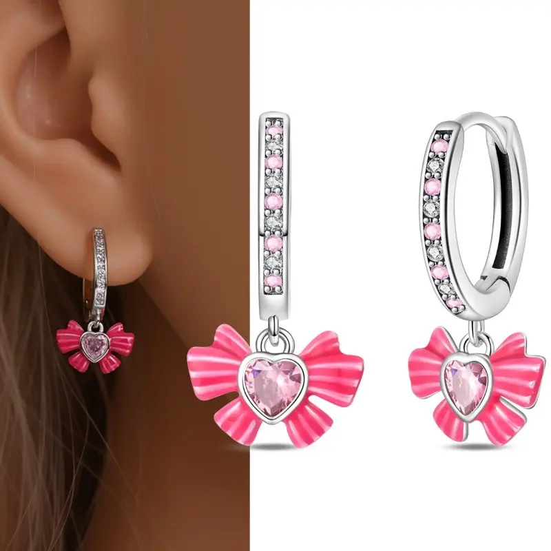 925 sterling silver pink sweet bow earrings, suitable for jewelry gifts for women and girls