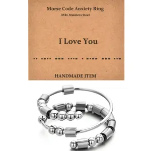 OIDEA Women's Stainless Steel Adjustable Expandable Morse Code Fidget Ring - Hidden Message "I Love You" Anxiety Relief Gift Ring for Women, Morse Code Rings
