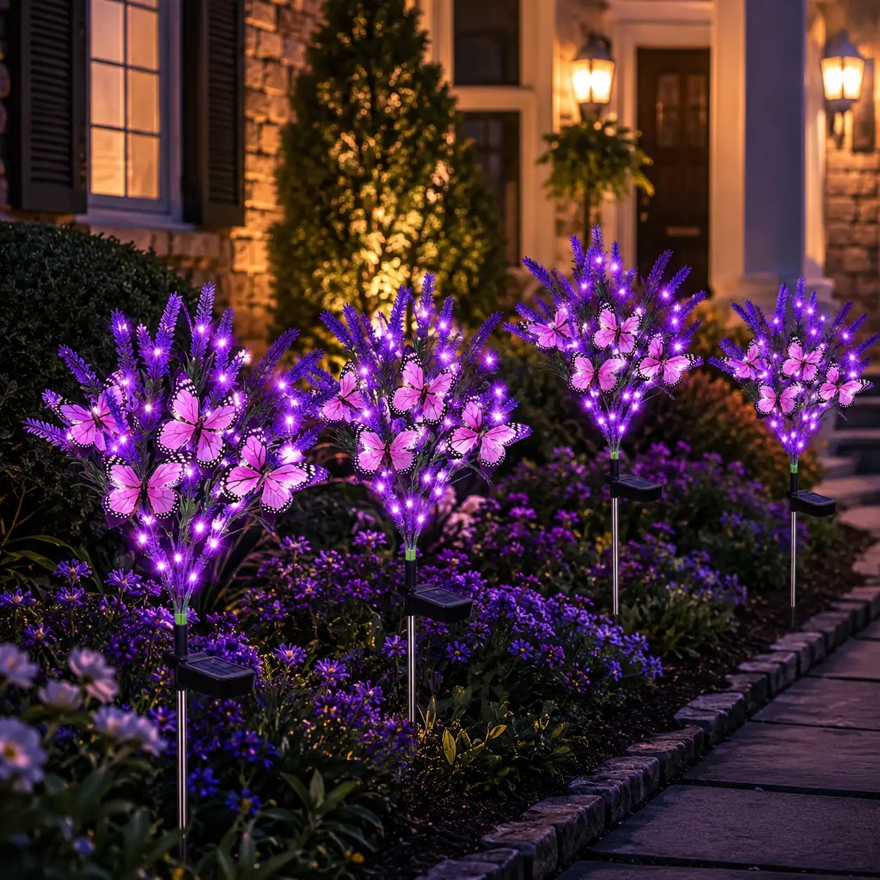 7-Head 49-LED Solar Halloween Butterfly Lavender Garden Stake Lights, Waterproof Outdoor Lights with Auto On/Off for Yard, Pathway, Mother's Day Gift Decoration