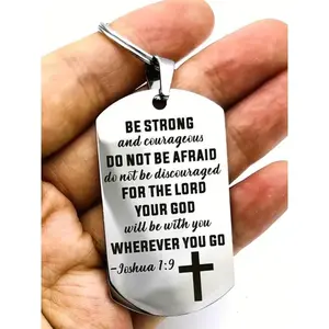 Joshua 1:9 Inspirational Bible Verse Keychain, Strong Courage Stainless Steel Cross Pendant, 1.96 Inch Faith Religious Gift for Men Women