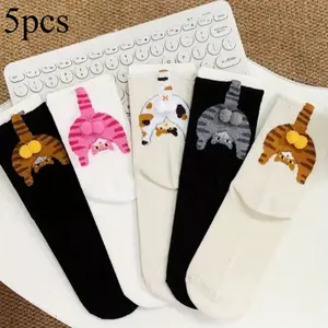 Women's 5-Pack Casual Cotton Mid-Calf Socks, Ribbed Non-Slip Stay-Put Cuff, Cute Cat Kitten Prints, Basic Soft Breathable Fit, All-Season Leisure Socks for Cat Lovers, Lady, Everyday, Comfortable