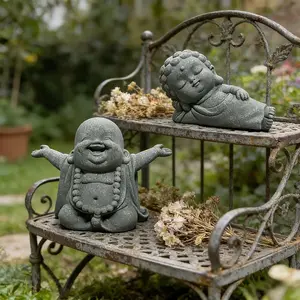 2pcs Zen Buddhist Statues, Religious Decoration, Stone Carved Maitreya Buddha Open Arms Laughing Belly, Lying Reclining Buddha, Feng Shui Religious Decor for Home Desk Office, Stone Sculpture for Aquarium Garden, Meditation Art Gift