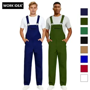 WORK IDEA Men's Cotton Overalls with Straps & Buckle, Comfortable Skin-Friendly Durable Plain Soft Fabric, 8 Functional Pockets, Elastic Waistband, Easy On/Off Workwear Uniforms (Black, Beige) for Outdoor Activities (Pair with T-Shirt)