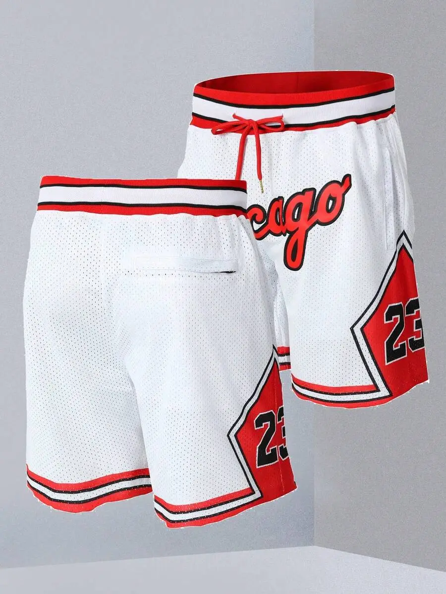 Men's Basketball Shorts 23 White Embroidered Zipper Pocket Training Casual Sports Shorts