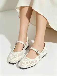Elegant Embroidered Ballet Flats, Women, Comfortable Square Toe Design, Adjustable Buckle Strap, Perfect for Casual & Formal Wear