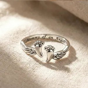 Adjustable Mommy of an Angel Ring - Footprint Wing Engraved Memorial Jewelry | Sympathy Gift for Pregnancy Loss Grieving Moms, Elegant Daily Wear Fashion Accessory