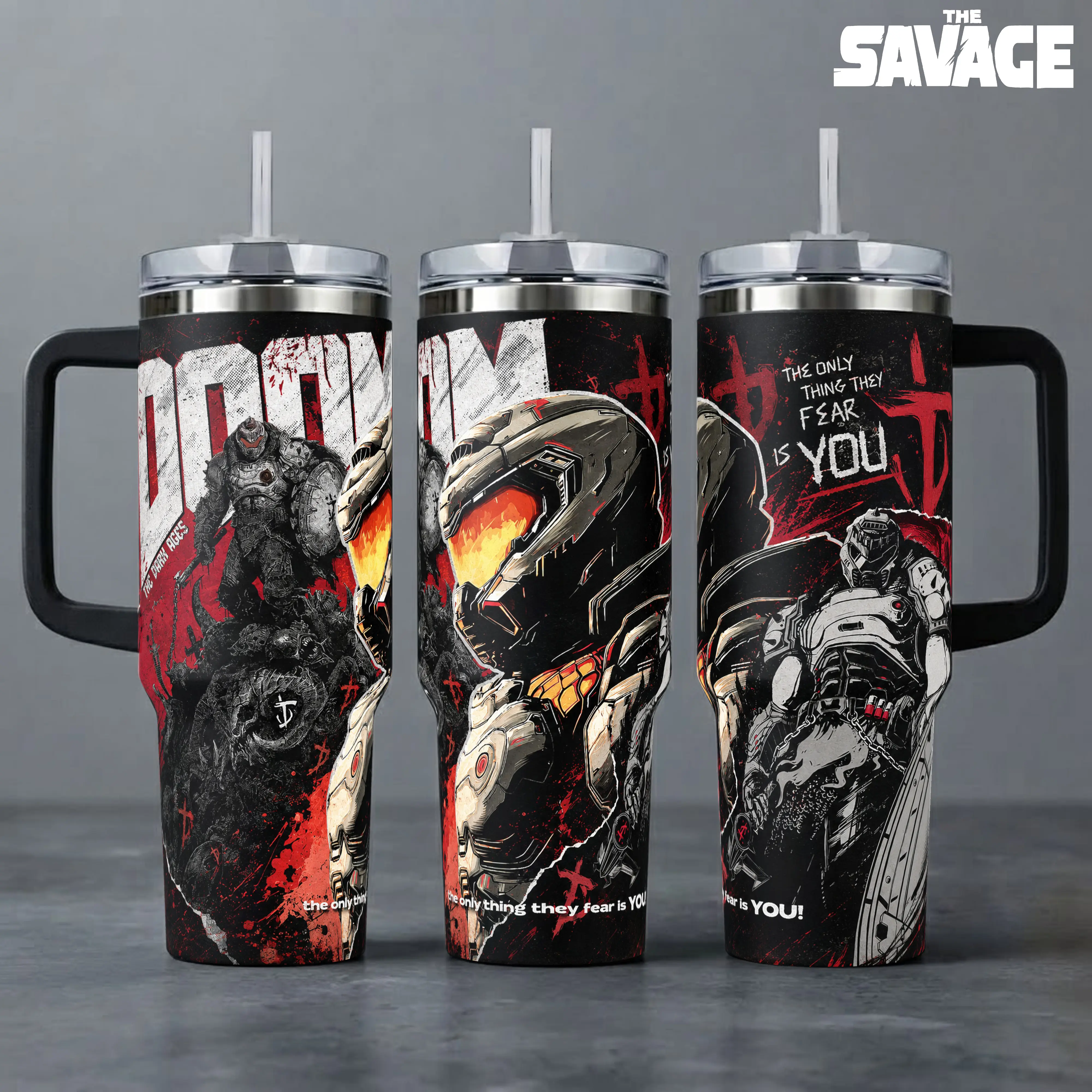 DOOM: The Dark Ages Insulated Printed Tumbler V3 20oz-40oz Portable Travel Mug with Handle, Straw, Lid, FPS Video Game Art Coffee Cup, Gamer Merchandise, Perfect Gift for Game Lovers, Insulation, Reusable