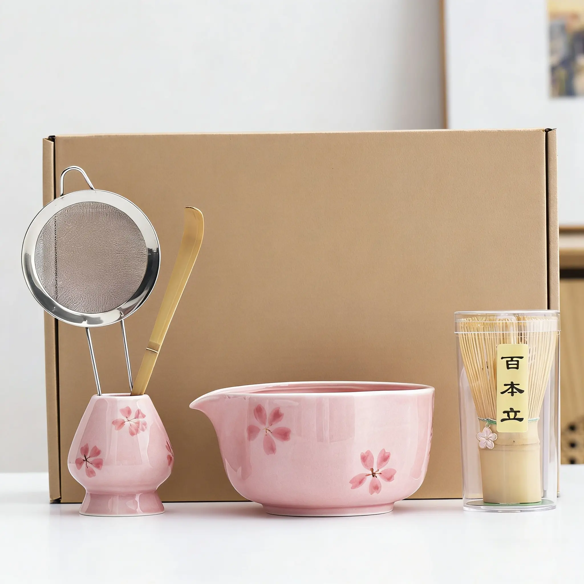 Elegant Sakura Pattern Ceramic Matcha Bowl Set of 5, Professional Tea Making Tools Kit for Matcha Preparation, High-Quality Ceramics, Japanese Tea Tools