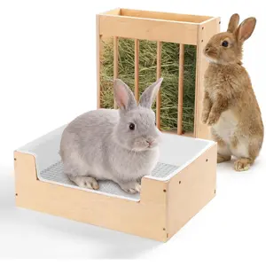 Extra-Large 2-in-1 Wood Rabbit Litter Box & Hay Feeder Set Mess Proof for Guinea Pigs Chinchillas Hamsters and Rabbits
