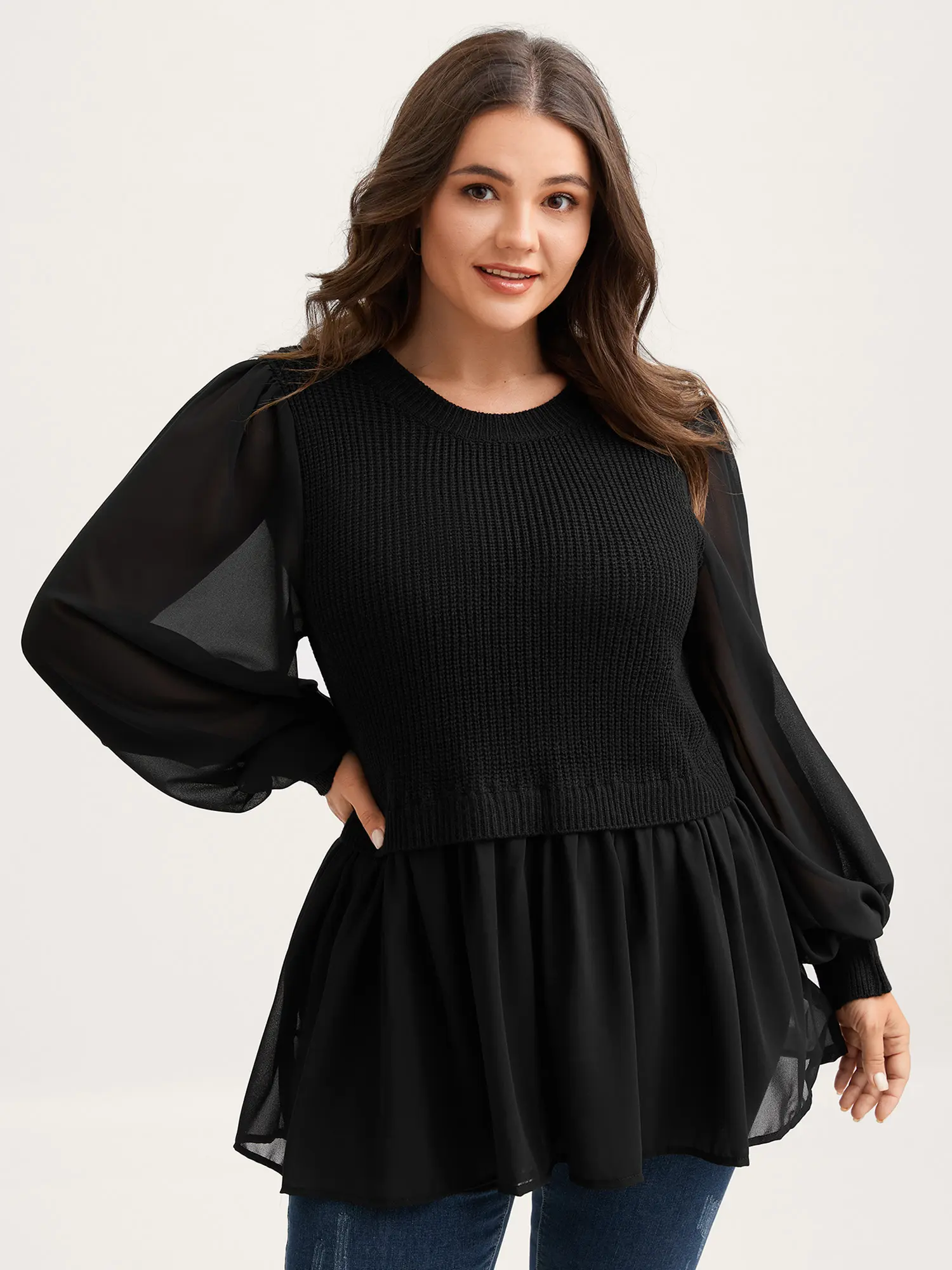 BloomChic Women's Plus Size Ribbed Knit Pullover Sweater, Casual Long Sleeve Top with Floral Patchwork Sheer Lantern Sleeves, Knitwear, Long Sleeve Tops,clothes for back to school,first day of school outfits