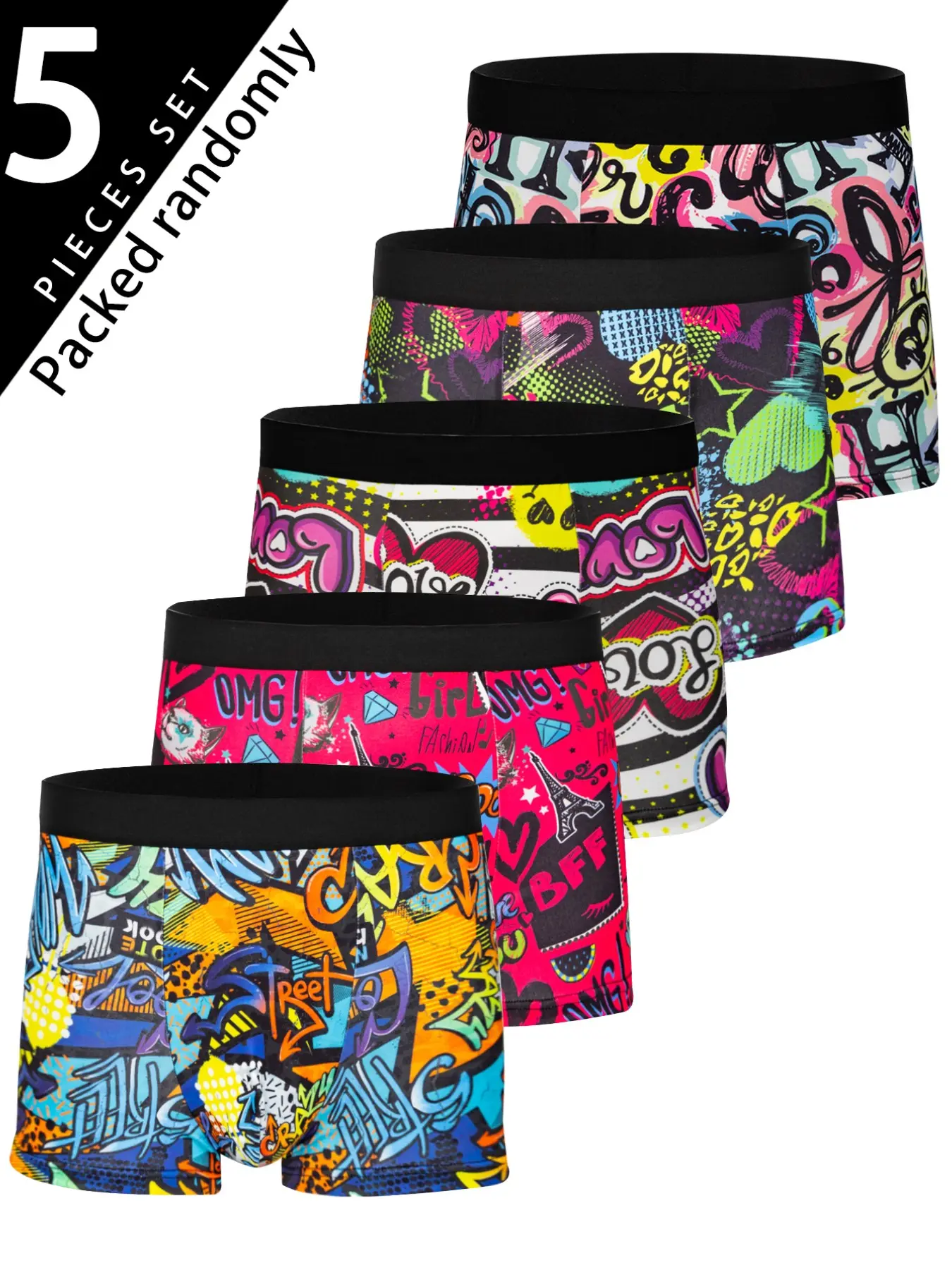 5 Pack Men's Boxer Shorts, Trendy Graffiti Print, Fitted Casual Underwear Boxer Briefs for All Seasons, Christmas Design Multicolor, Stretch Boxer Shorts Undergarments