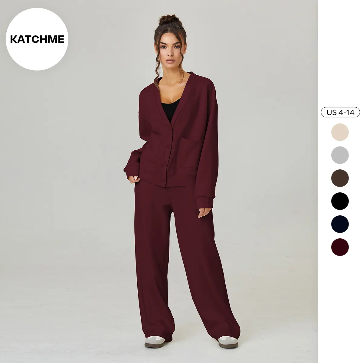 KatchMe Women's Slouchy Cozy Solid Color V Neck Long Sleeve Button Cardigan & Drawstring Waist Trousers Co-ord, Casual Soft Loose Two Piece Outfits (2)