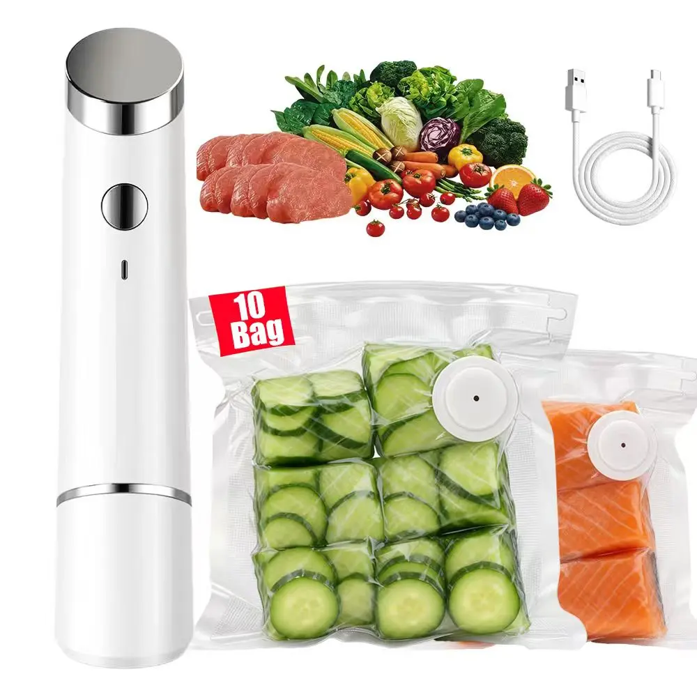 Handheld Mini Food Vacuum Sealer - USB Rechargeable Portable Kitchen Preservation Tool with Reusable Jar Sealers, 10 Reusable Bags for Home Use to Keep Meals Fresh Longer, Portable Vacuum Sealer