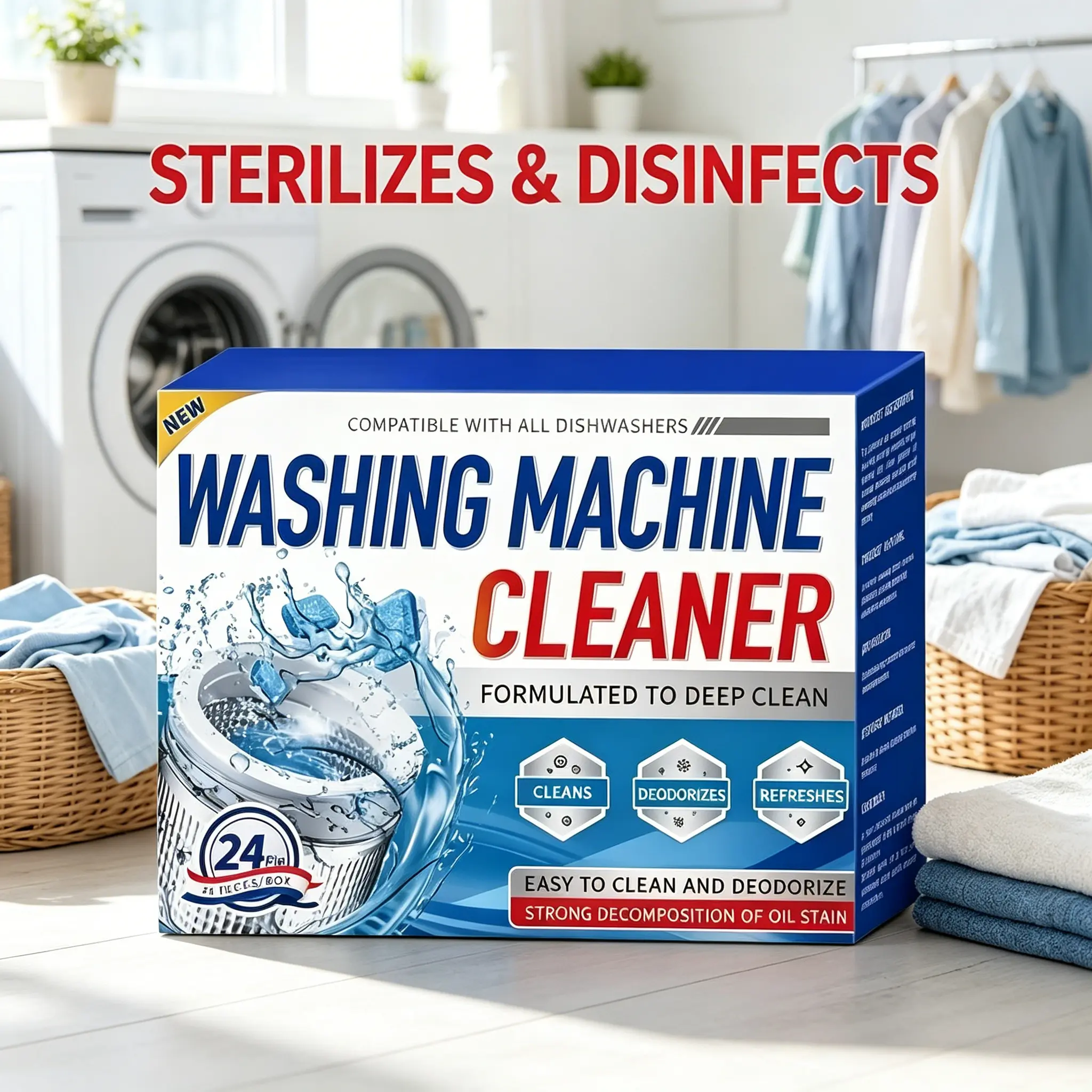 24pcs Washing Machine Tub Cleaner Pods, Powerful Oil Stain Dissolving Washer Descaler Tablets, Odor Eliminate Refreshing Laundry Appliance Cleaning Supplies