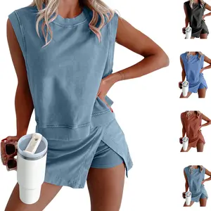 WoodBerry Women's Two Pieces Casual Travel Outfits Summer Short Lounge Set Cotton Tank Top Lined Split Athletic Skirt Sportswear Set