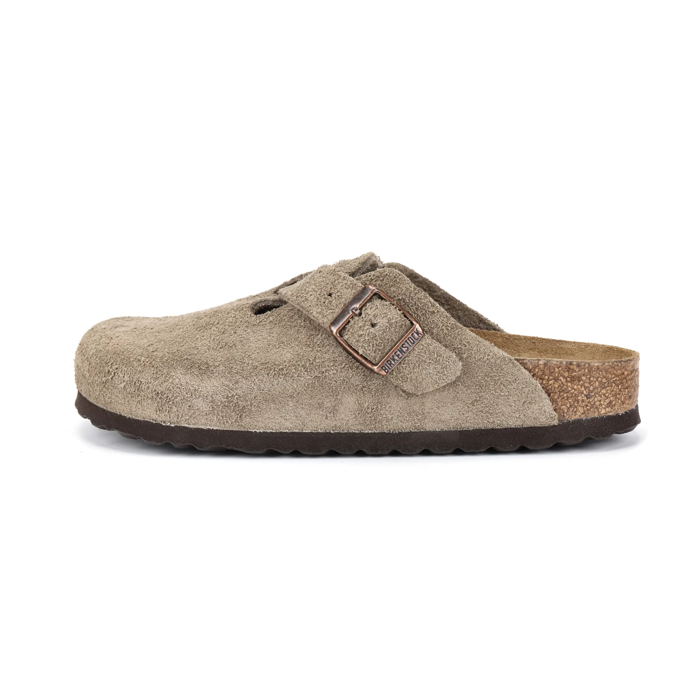 Women's Birkenstock Boston Clogs - Taupe Napped Suede, Soft Cork-Latex Footbed, Adjustable Strap Closure, Basic Slip-On for Casual Use