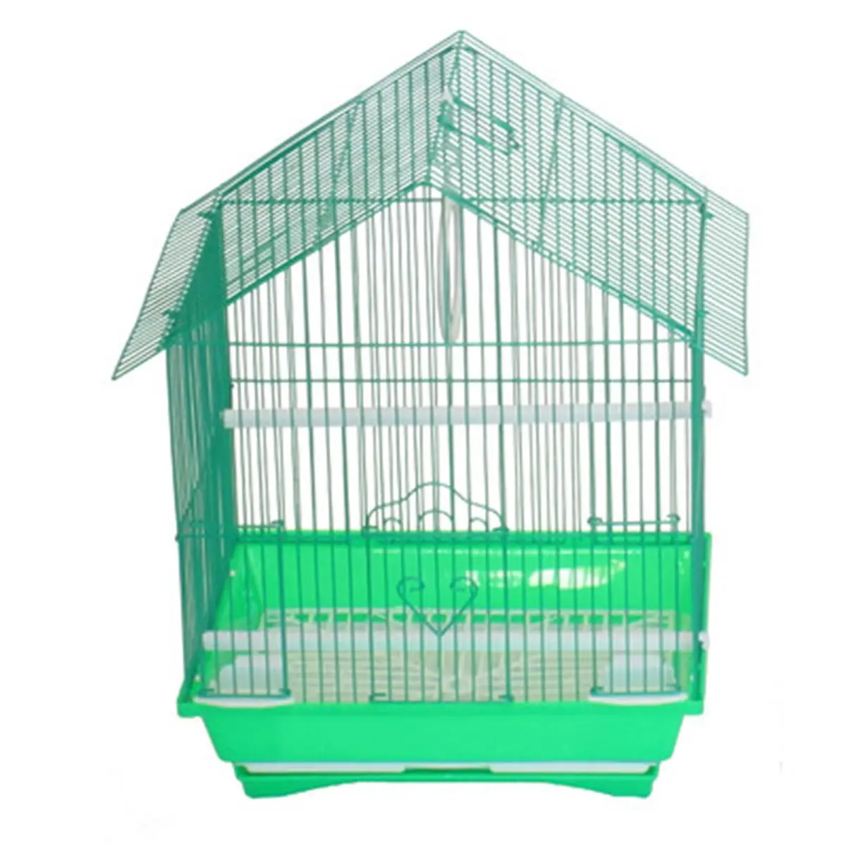 YML Group A1114MGRN Top Handle Cage Set - Single Unit Small Parrot Habitat, House Top Style with Carry Handle, Clipped-On Swing, Slide-Out Tray, 1 Bottom Grate, 2 Feeding Cups, Easy Clean, 16" H x 9" W x 11" L, Green