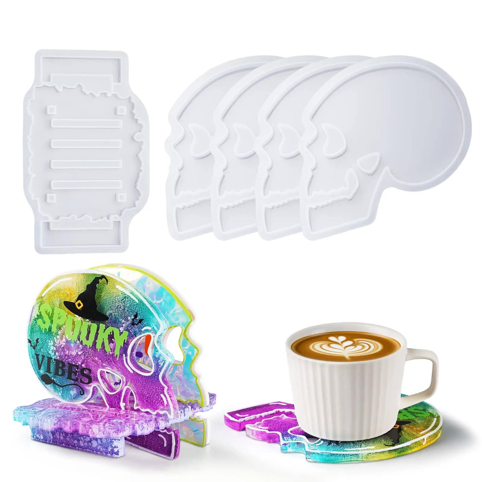 4 Pcs Skull Coaster Resin Molds, Coaster Silicone Molds with Holder, Halloween Coaster Molds for Epoxy Resin, Skull Coasters Decoration for Festival, Ideal Gifts for Crafter and Artist - LET'S RESIN