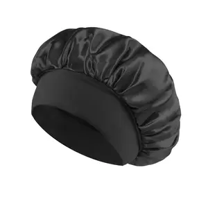 Luxury Satin Shower Cap & Sleep Bonnet Waterproof Double Layer Satin Hair Cap for Curly Natural Hair Frizz Control Moisture Lock Black