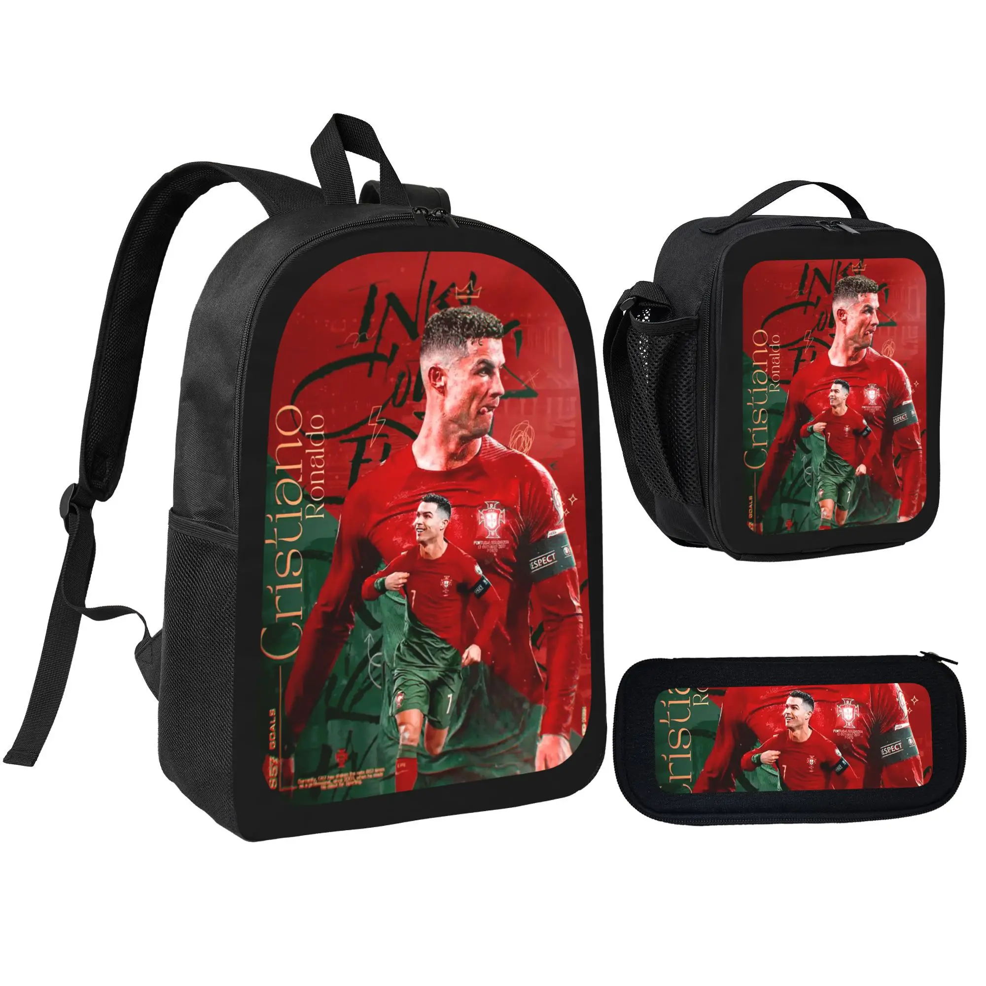 CR7 Football Star Lover Gift Backpack Set, 3 in 1 Durable Printed School Bag with Insulated Lunch Carrier and Pencil Pouch, Adjustable Lightweight Travel Bookbag for Youth Students Football Fans