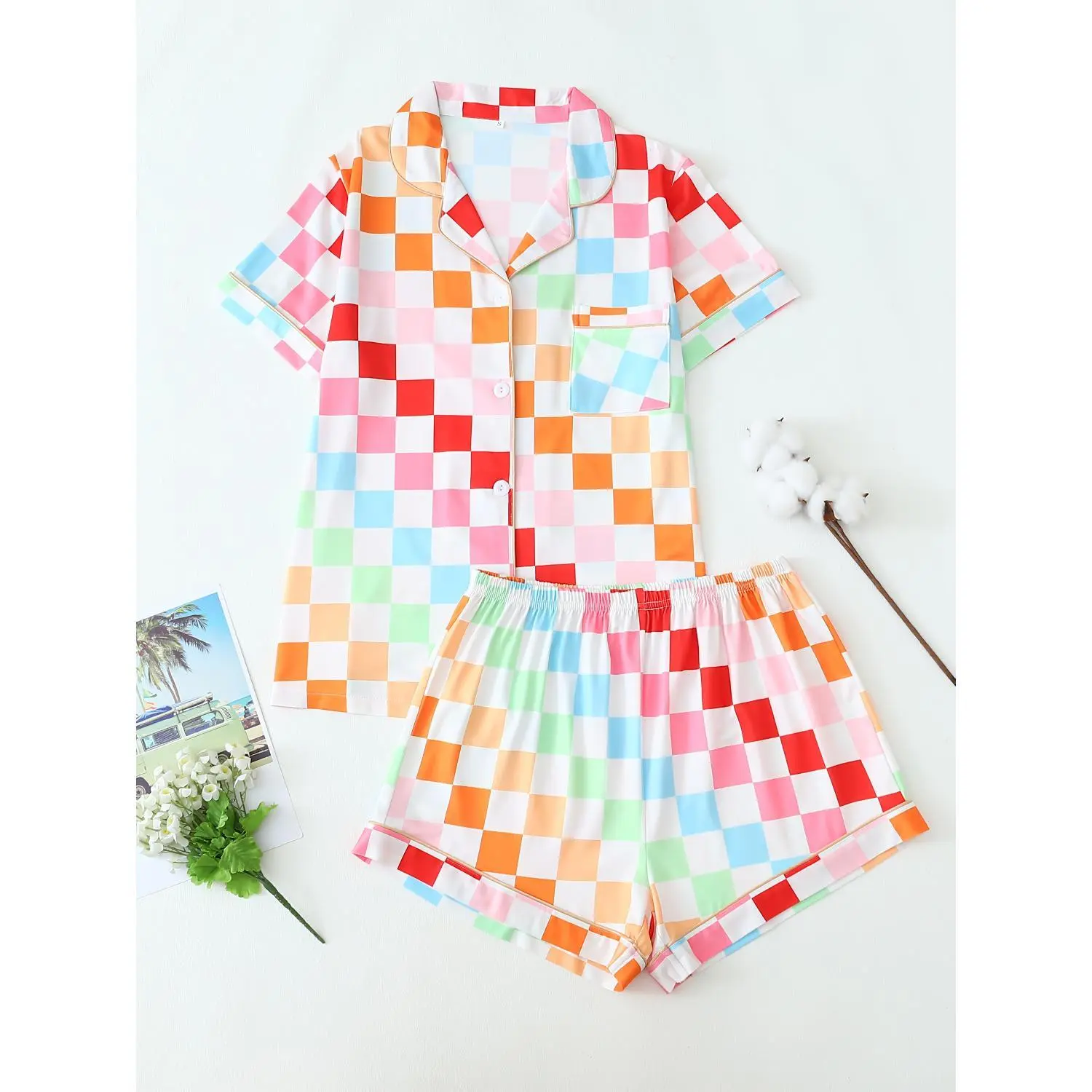 Women's Vibrant Plaid Short-Sleeve Pajama Set with Shorts and Collar
