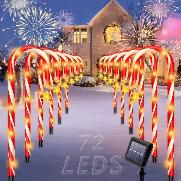 12-Pack Solar Christmas Candy Cane Pathway Lights, 72 Bright LEDs, 8 Lighting Modes, Waterproof Outdoor Xmas Decor Ornament with Star, Holiday Party Favor Gift for Outdoor Spaces