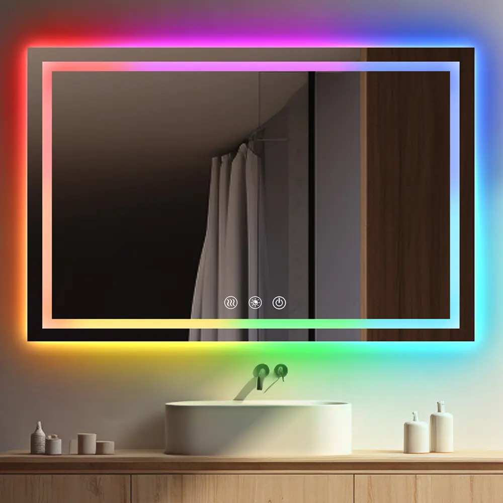 ONEUP LED Bathroom Mirror,RGB Color Changing Bathroom Mirror with Lights,Anti-Fog Wall-Mounted Vanity Mirrors,Smart Dimmable Multicolor Lighted,IP54 Waterproof (Horizontal/Vertical)
