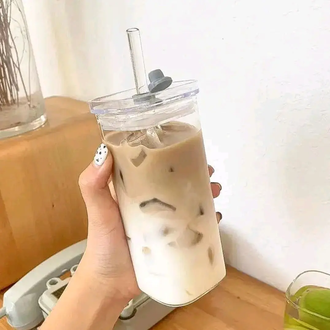 Square Glass Cup With Lid & Straw, Heat-Resistant, Insulated Coffee Drinkware