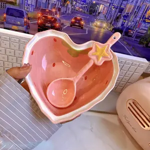 Strawberry Ramen Bowls and Spoons Creative Ceramics Anti-scald Instant Noodle Bowl Cute Strawberry Bowl Pretty Bowl,summervibes