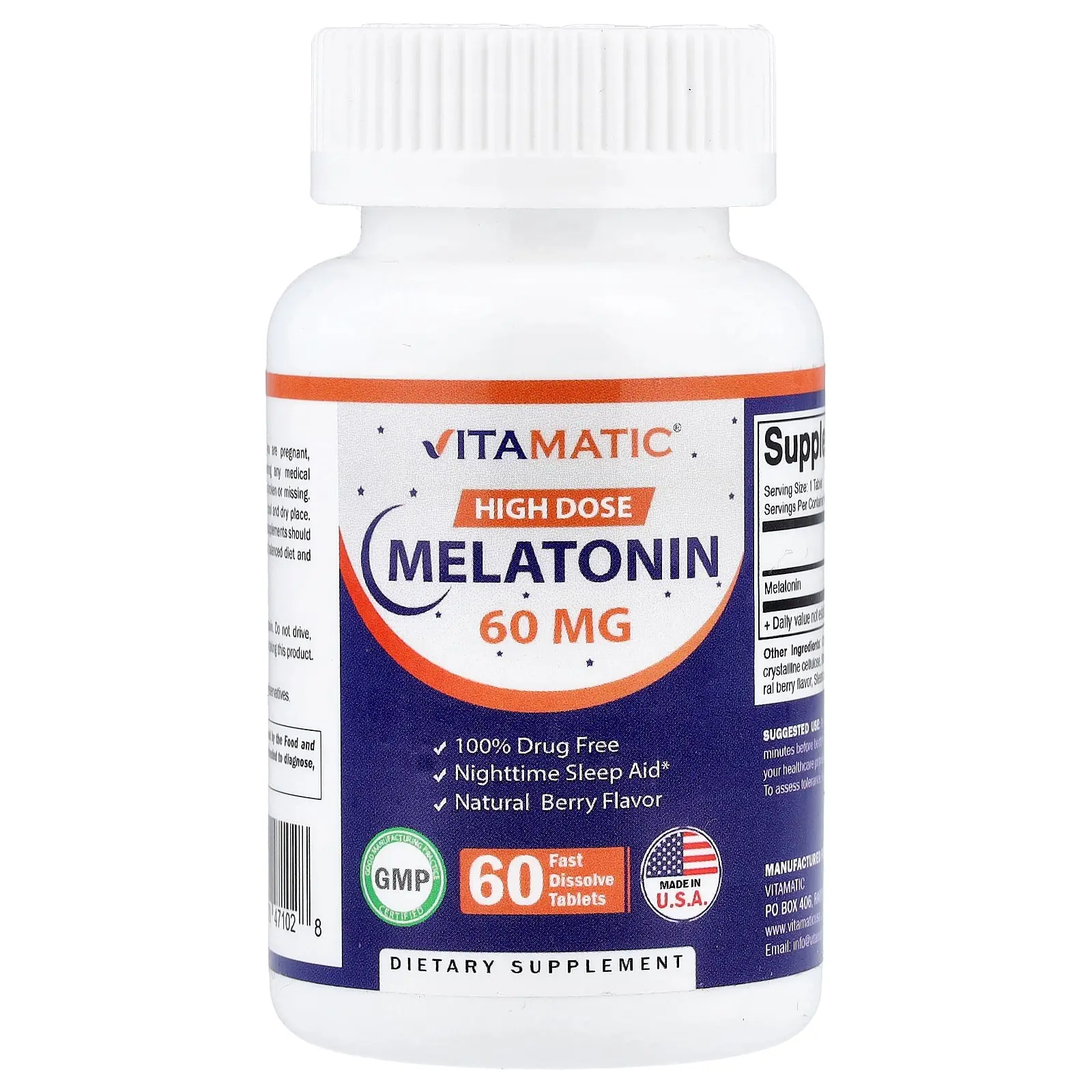 Vitamatic High Dose Melatonin, Natural Berry, 60 mg, 60 Fast Dissolve Tablets