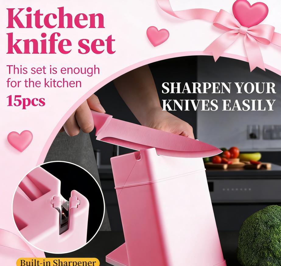 GalentinesDay15Pcs  Knife Set With Solid Wood & Plastic Knife Block, Japanese-Style Knife, Meat/Vegetable Knife, Chicken Bone Knife & German-Style Steak Knife. Multi-Color Stainless Steel, Practical for Home Use & Ideal as a Gift.   Modern Utensils