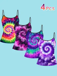 4 Pcs Tie Dye Strapless Tank Tops for Women, Summer Y2K Sweet Cool Style, Slim Fit Sleeveless Inner Outer Wear, All Seasons Casual Clothing