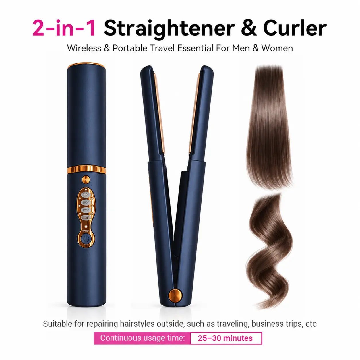 2-in-1 Wireless Lightweight Hair Straightener-Curler, 1-Piece Portable Beauty Tool with Smooth Handle, 3 Temp Settings, Type-C Charging for Straight & Curly Hair Hairstyles, Perfect for Travel