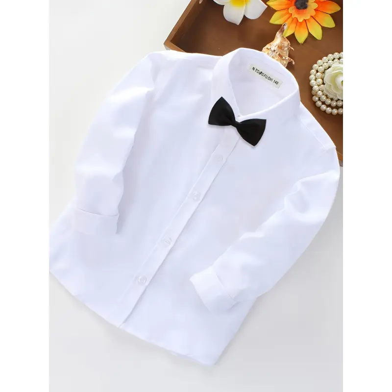 Boys' white shirt with bow tie, children's white shirt, school uniform performance outfit, long-sleeved shirt all seasons, blue shirt
