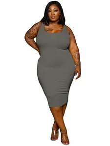 Plus Size Women's Solid Color Round Neck Tight Fitting Casual Knit Dress, Comfortable Fit for Various Occasions, Stylish and Versatile Summer Wear