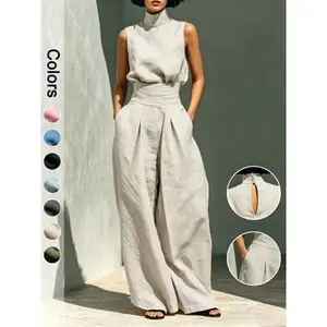 2-Piece Elegant Set Chic Mock Neck Halter Top & High-Waisted Wide-Leg Pants, Minimal High Neck Sleeveless Top, Retro Boho Ruffle Sleeveless Top and Pants Set, Solid Color Casual Suit, Trendy Old Money Aesthetic Outfit for Summer Vacation & Office