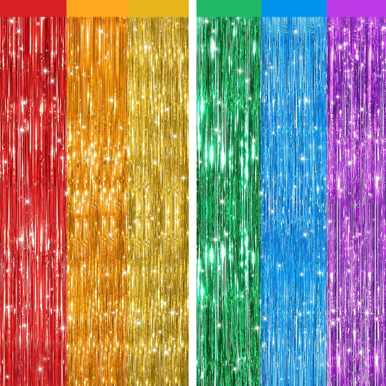 2-Pack Synthetic Tinsel Fringe Curtains - Shiny Rainbow Metallic Foil Door Streamers, Festive Backdrops & Banners Props for Birthday, Balloon Decor 2-Piece Set Party Supplies