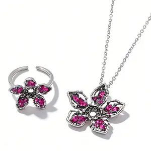 Best-selling fashion Stranger Things diamond-studded adjustable ring and pendant necklace set, personalized alloy jewelry