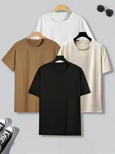 Men's 4pcs Solid Drop Shoulder Knitted Sleep Tee, Casual Comfy Soft Round Neck Short Sleeve Fitted Stretch T-shirt for Daily Wear, Men's Sleepwear for All Seasons