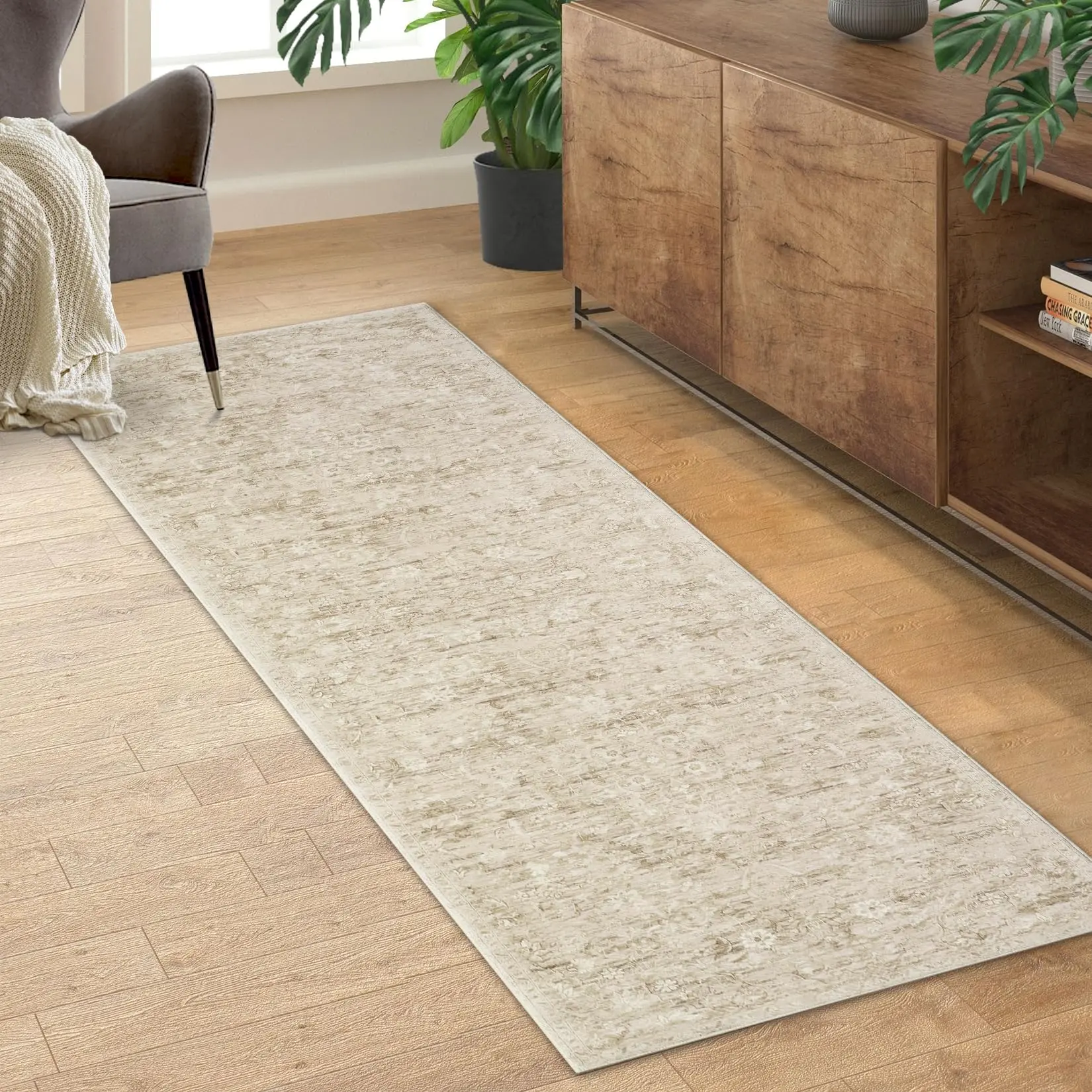 【GARVEE】Area Rug 2x6 Washable Rugs for Living Room Bedroom Office Nursery Vintage Floral Area Rug Distressed Oriental Rug Low Pile Neutral Soft Rug Non Slip Farmhouse Floor Cover Camel