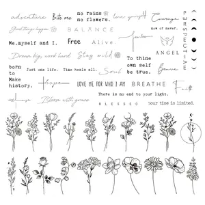 Realistic Temporary Tattoo - 60 Sheets Tiny Fake Tattoos, 40 Pcs Inspirational Words Tattoo, 20 Pcs Wild Flower Floral Bouquet Stickers for Adult Women Face Body Hand