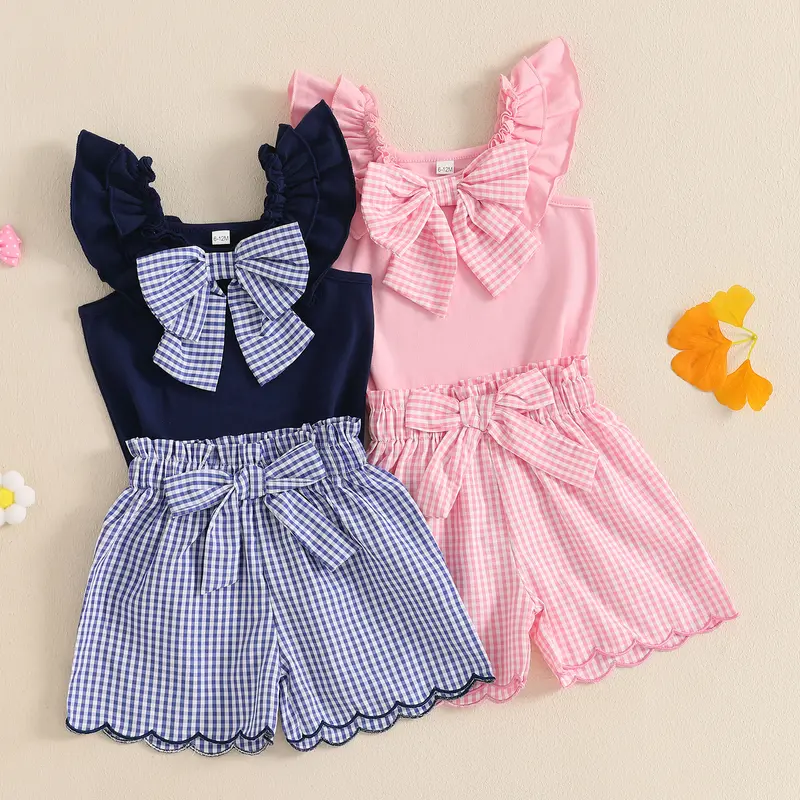 [Lullaby] Toddler Girl Summer 2-Piece Clothes Gift Set - Sleeveless Ruffled Tank Tops, Bow Decor Plaid Print Shorts, Casual Cotton Blend Outfit for 12-18 Months, 18-24m